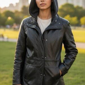 Marc New York Andrew Marc Leather Jacket w Detachable Wool Blend Hood Size M